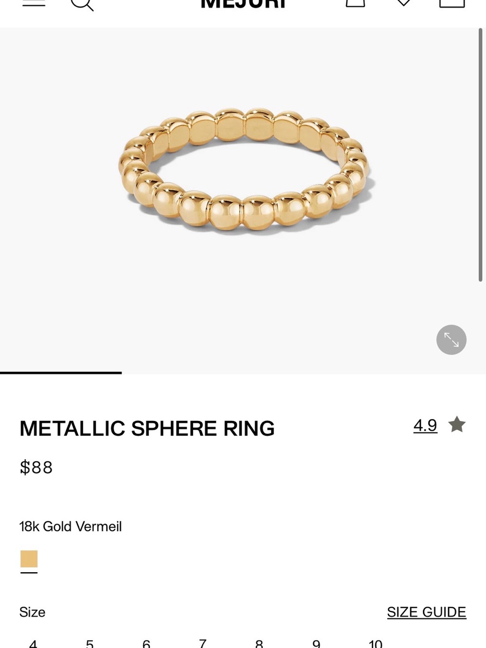 Mejuri Metallic Sphere Ring. 18k gold Vermeil. Good condition. With bag. Size 7 - Picture 2 of 4